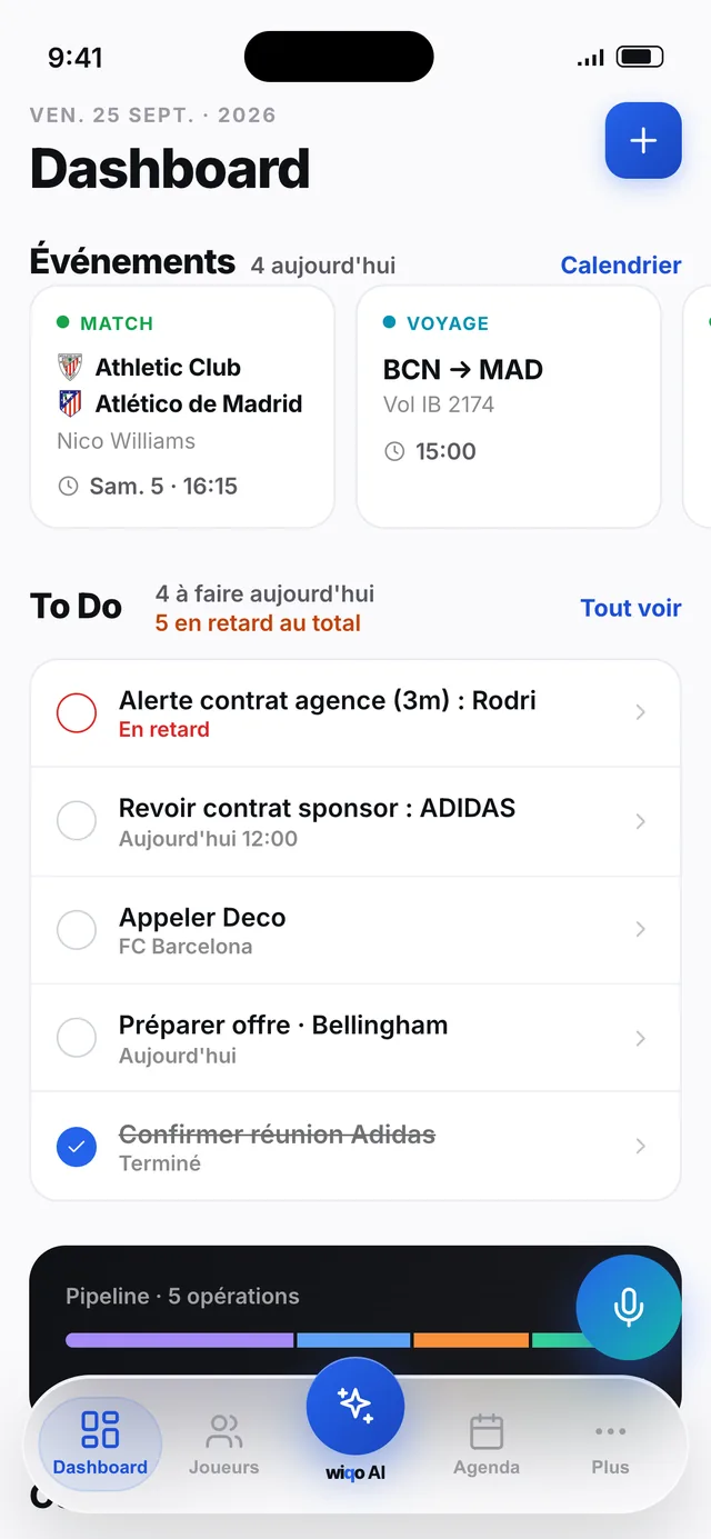 Dashboard wiqo avec événements, To Do et opérations
